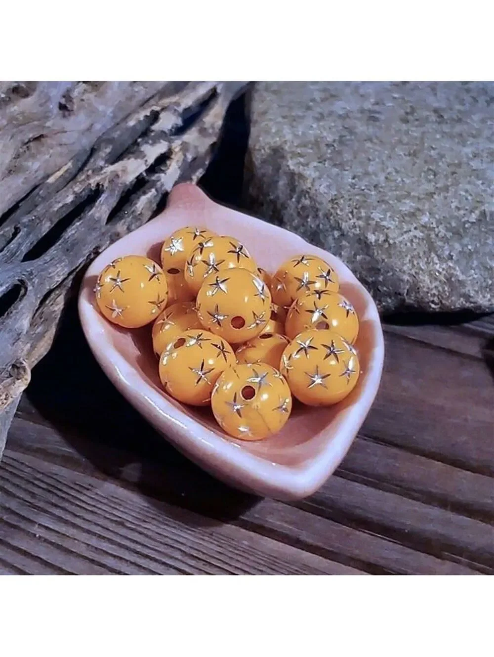 10 Vintage Retro Orange Silver Stars 12mm Round Acrylic Shabby Chic Beads